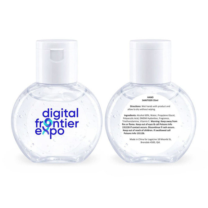 A clear, round bottle of Fresh Gel Hand Sanitiser with a pump lid, featuring a logo and a transparent liquid inside.