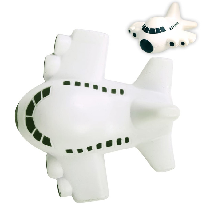 A white airplane-shaped stress reliever with a smooth texture and subtle details, featuring a small plane above.