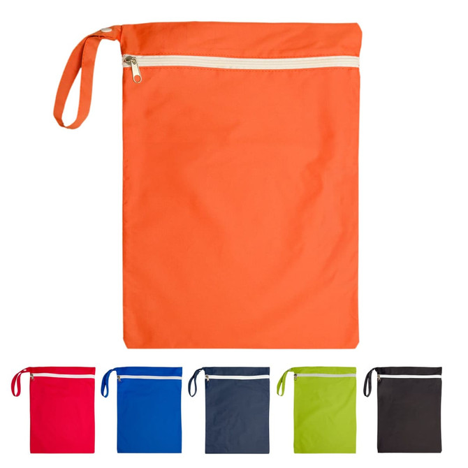 An orange wet bag with a zip, also available in red, blue, green, dark grey, and black. Features a carry handle and logo.