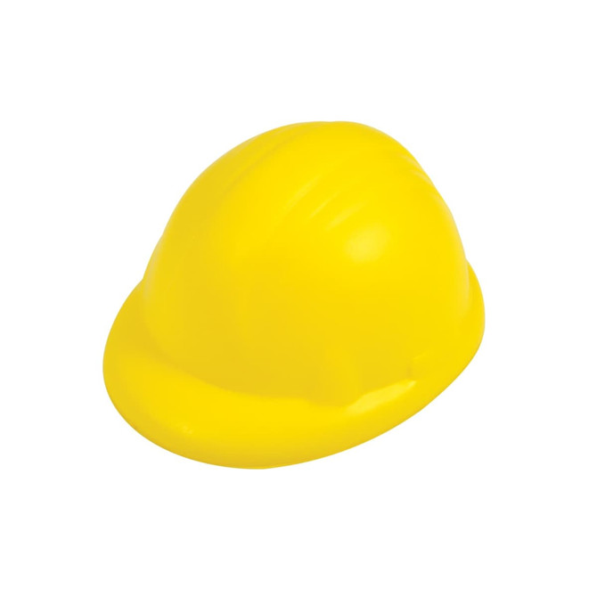 A yellow hard hat stress reliever with a smooth surface and rounded shape. It features a branding logo.