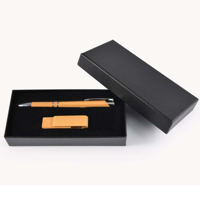 A bamboo pen and pen holder set is displayed in a sleek black gift box, suitable for the Kyoto Gift Set.