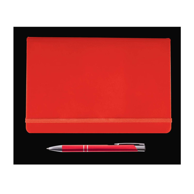 A red notebook with an elastic band closure and a matching red pen are featured in the Harmony Gift Set.