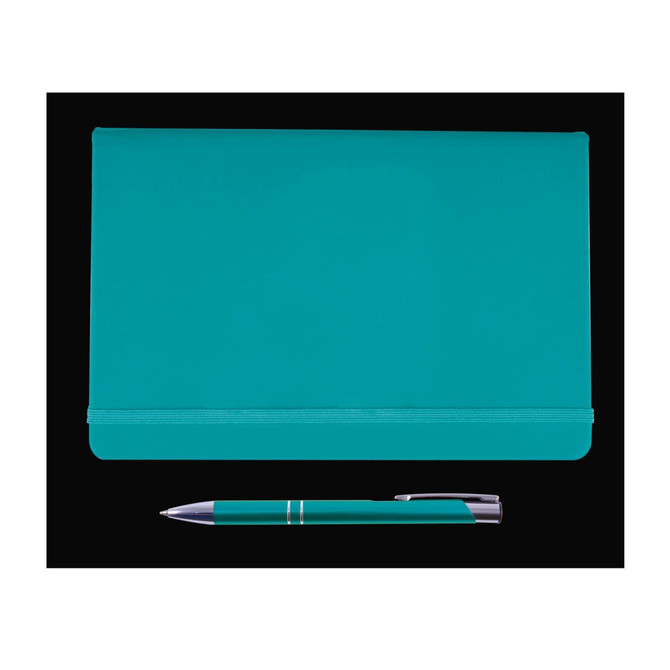 A teal folder and a matching pen, part of the Harmony Gift Set, designed for office and business use.