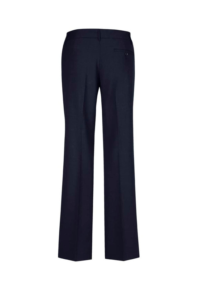 A pair of women's navy wool stretch relaxed pants with a back pocket and a tailored fit.