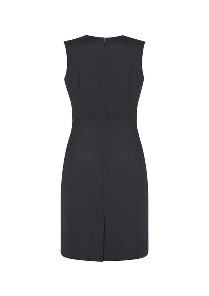 A sleeveless, V-neck dress in dark green with a fitted silhouette and a back zipper.