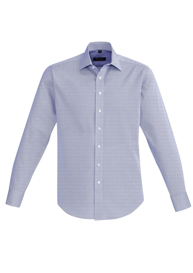 A light blue button-up shirt with long sleeves and a collar, featuring a logo on the chest.