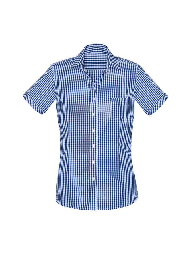A short-sleeve women's shirt in blue and white gingham check pattern, featuring a button-up front and a chest pocket.