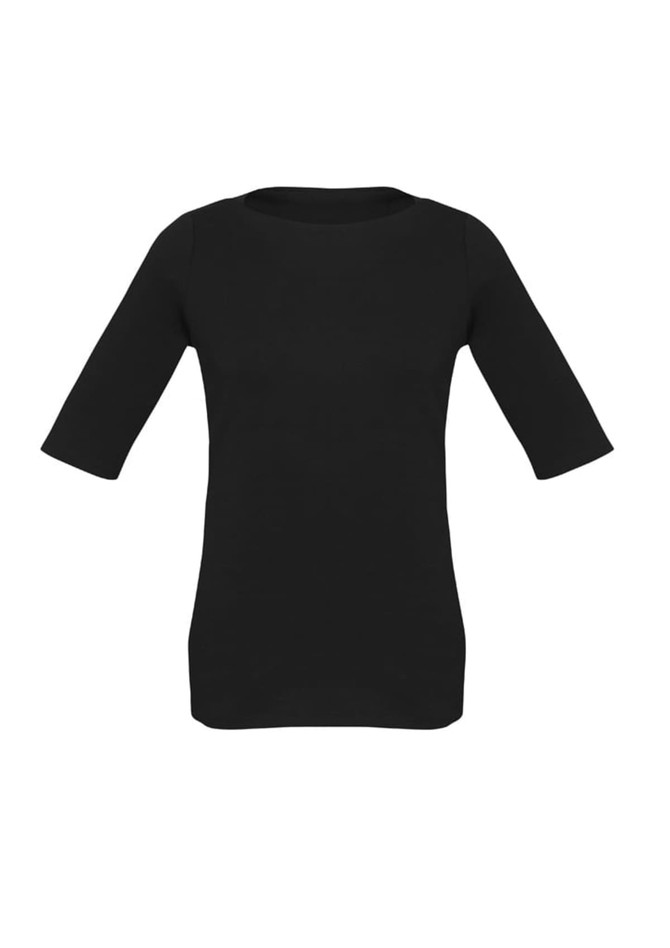 A black women's short sleeve T-top with a round neckline and three-quarter length sleeves. Features a branded logo.
