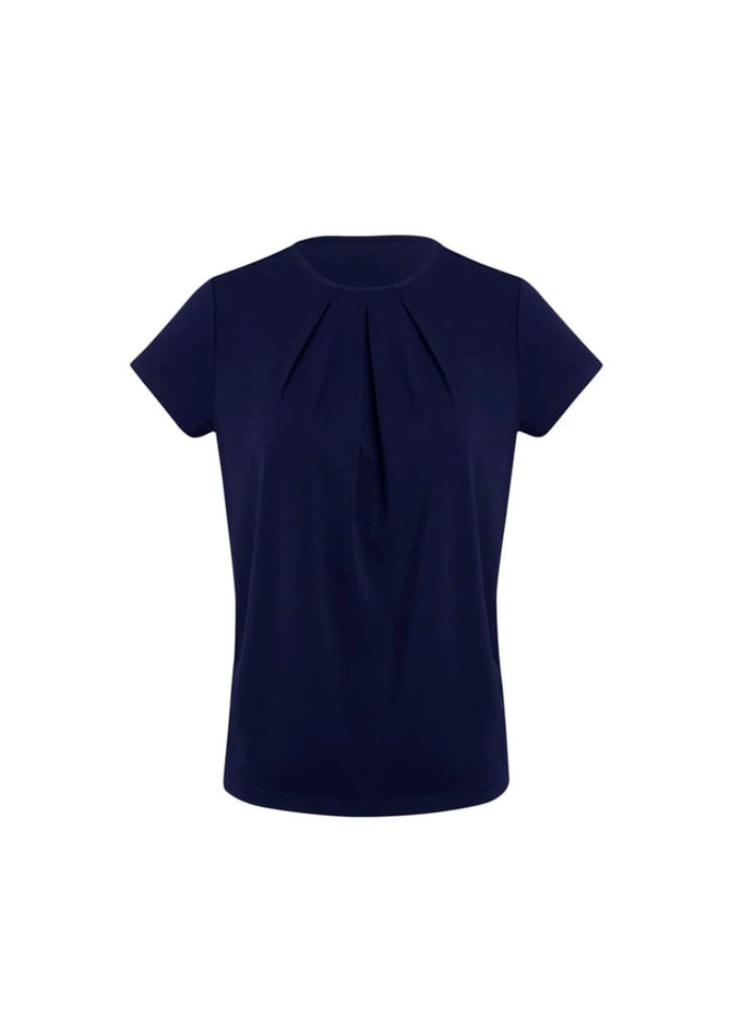 A navy short sleeve top featuring a pleat detail at the front and a round neck. It has a simple design with a logo.