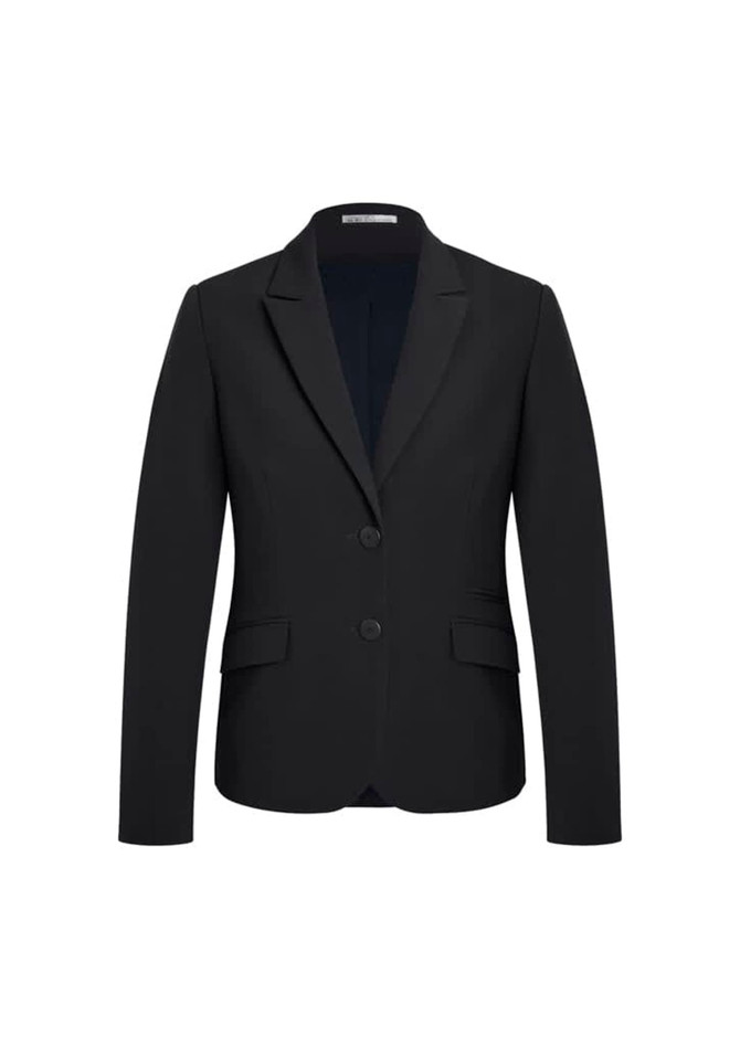 A black mid-length jacket with a notched lapel, featuring two front buttons and side pockets.