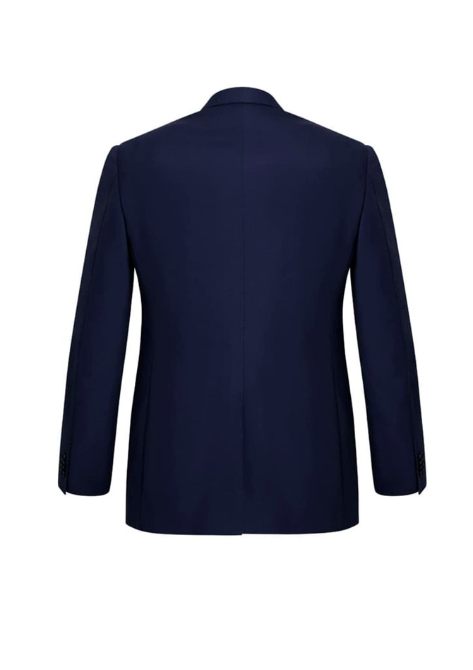 A navy two-button jacket with a tailored fit, featuring a classic blazer style and a logo on the back.