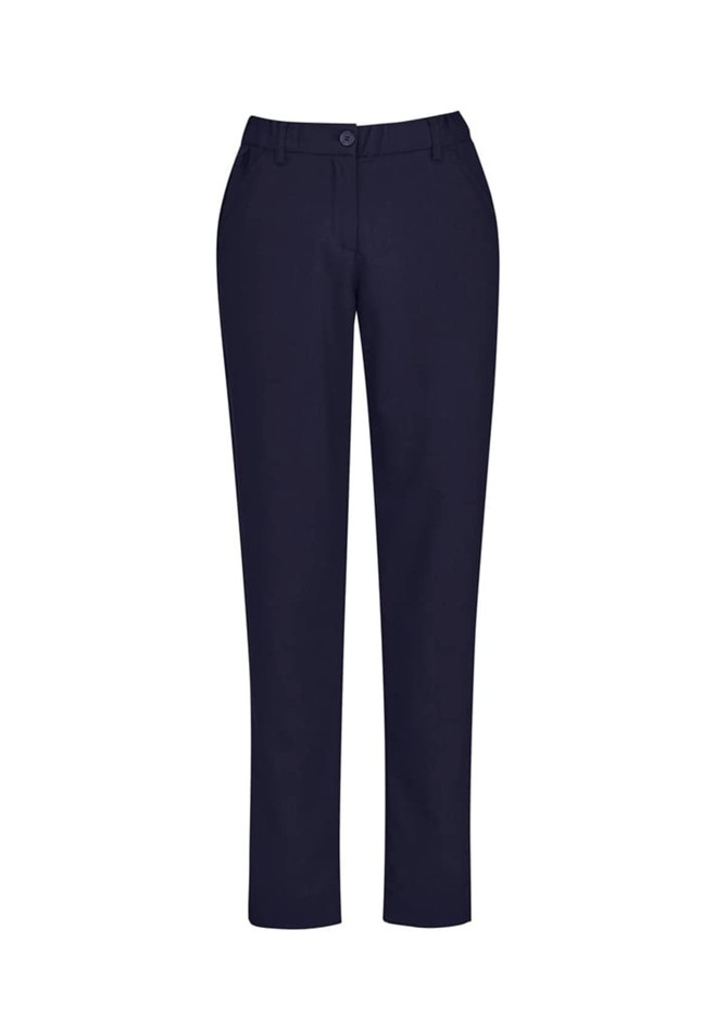 A pair of slim leg pants in navy blue, featuring a comfort waist design and front pockets.