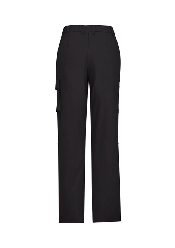 A pair of black women's cargo pants featuring a comfort waist design and side pockets. Includes a logo.
