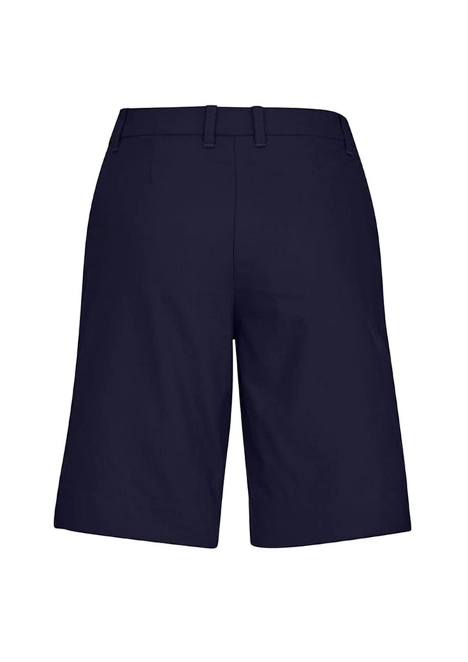 Navy women's cargo shorts featuring a comfort waist design, shown from the back. Includes a logo.