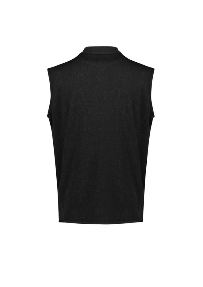 A black men's zip front vest with a collar, featuring a plain design and no sleeves.