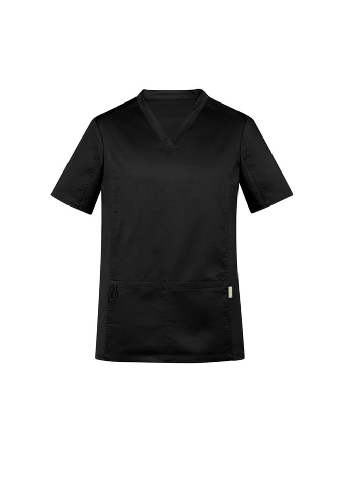 A black men's scrub top featuring a V-neck and short sleeves, with a side pocket and branding.