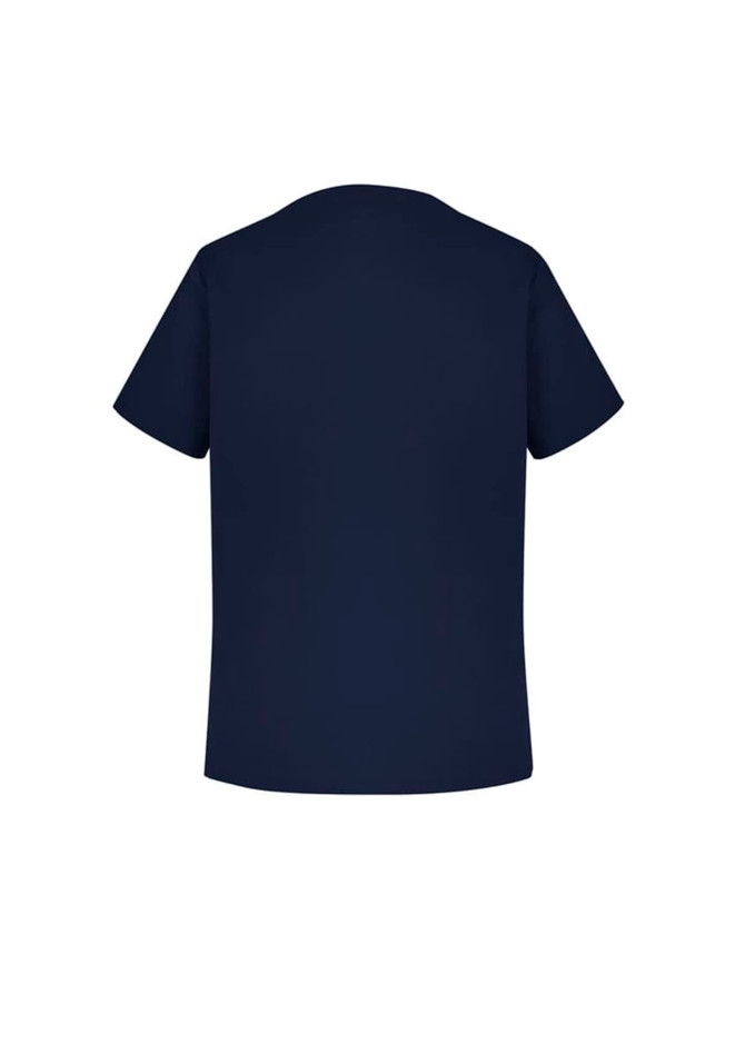 A navy blue men's scrub top featuring short sleeves and a simple design, with a logo on the back.