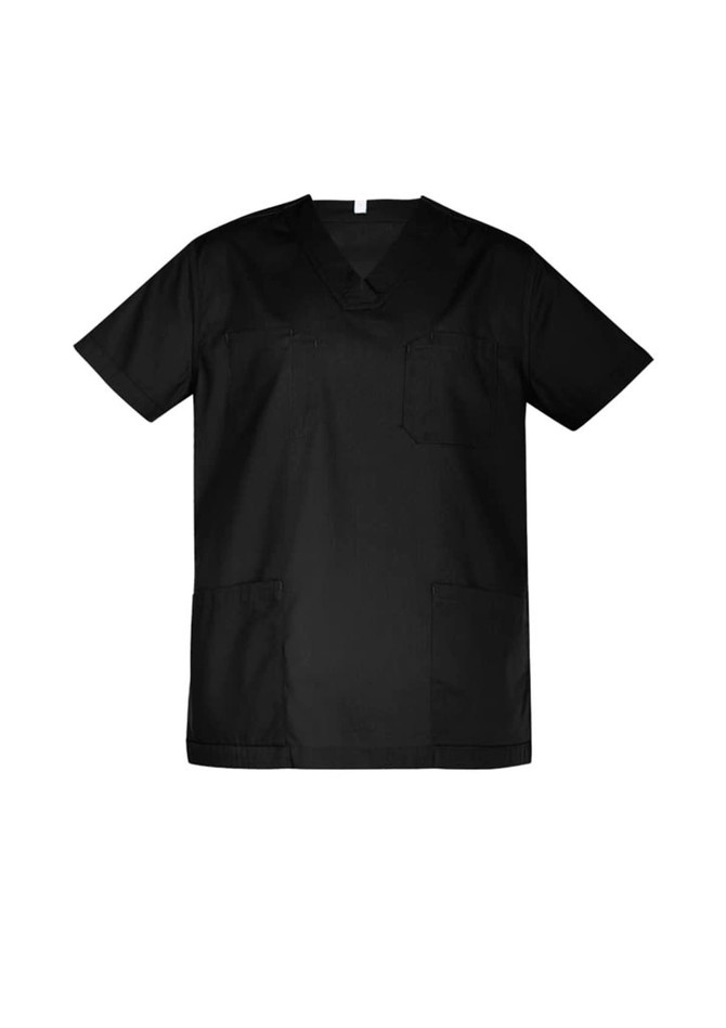 A black unisex scrub top with a V-neck, short sleeves, and pockets. It features a logo on the fabric.