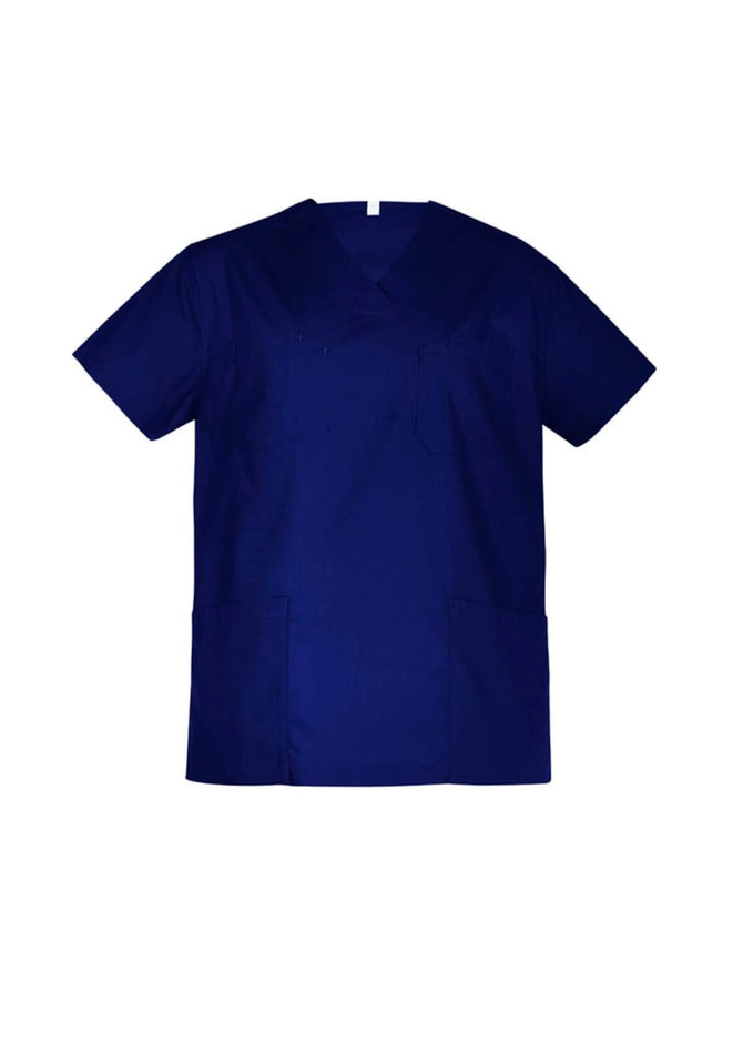 A unisex reversible scrub top in navy blue, featuring two front pockets and a modest V-neck design.