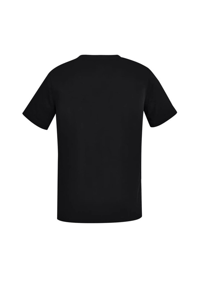 A black men's V-neck scrub top featuring short sleeves and a logo. Suitable for uniform wear.