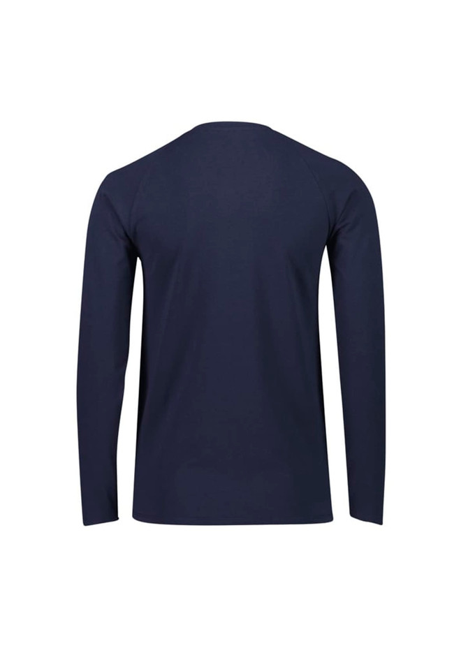 A navy long sleeve tee with a simple design and a logo on the back.