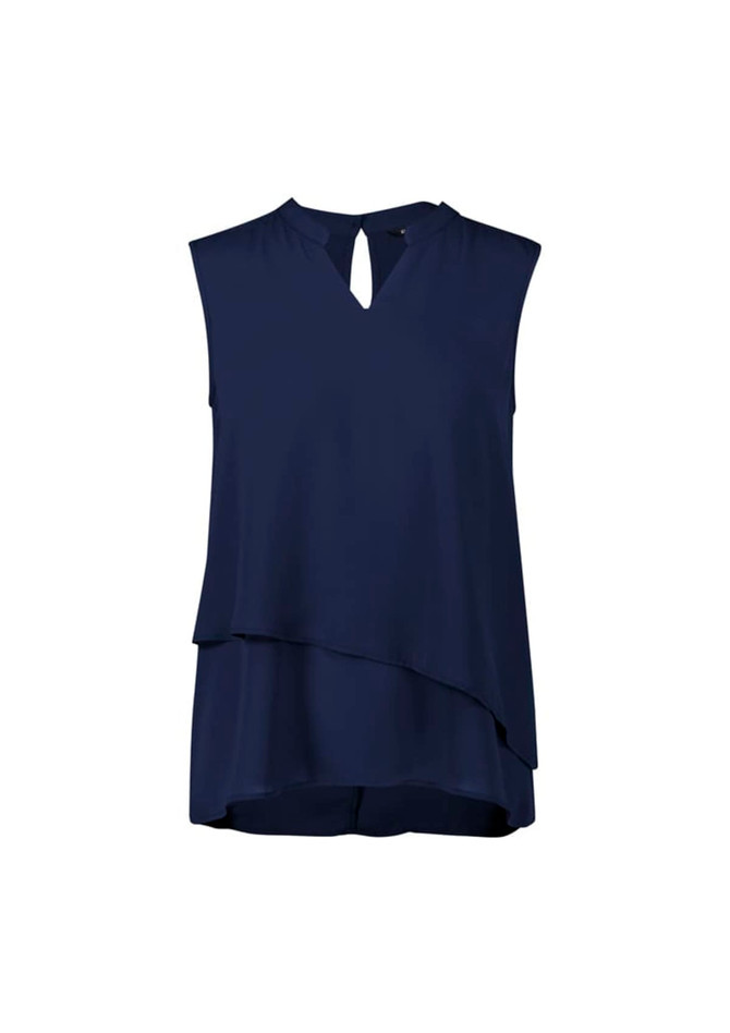 A sleeveless, layered blouse in navy blue featuring a keyhole neckline and a flowing silhouette.