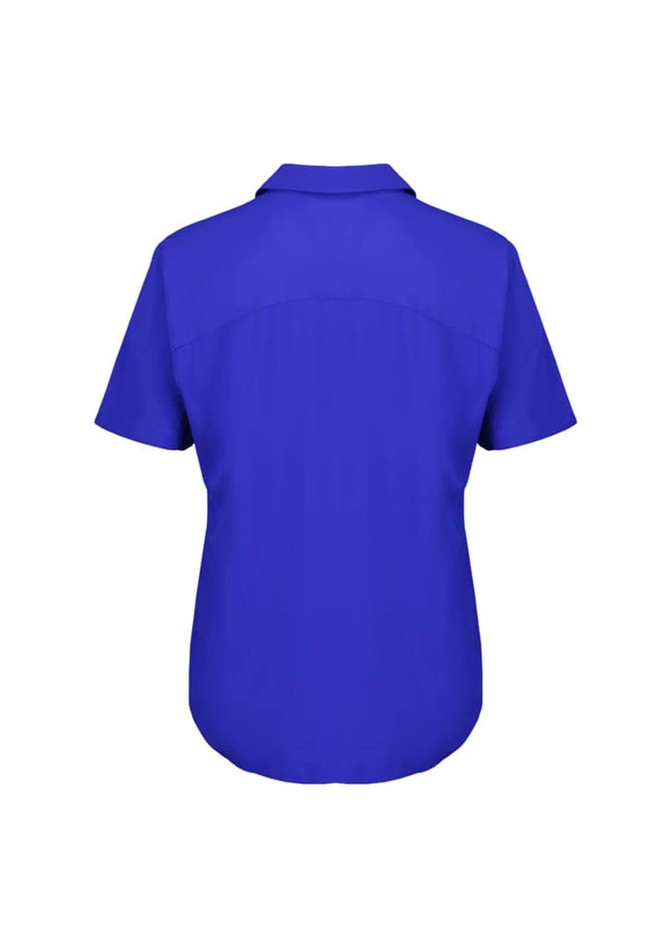 A blue short sleeve women's blouse with a collar, featuring a smooth fabric and a logo.