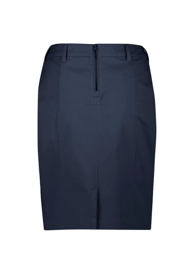 A dark navy mid waist stretch chino skirt with a back zipper and tailored design. Features a logo on the waistband.