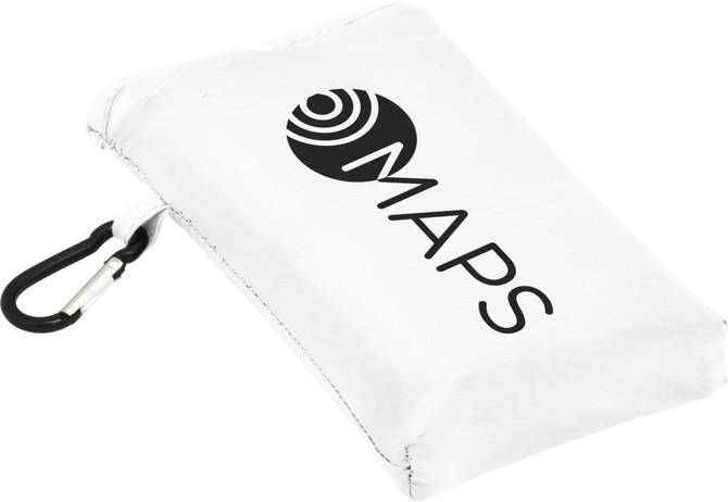 A compact white picnic mat with a logo and a carabiner for easy attachment.