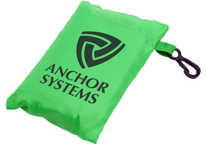 A green reusable grocery bag folded into a compact size with a clip for attachment, featuring a logo.