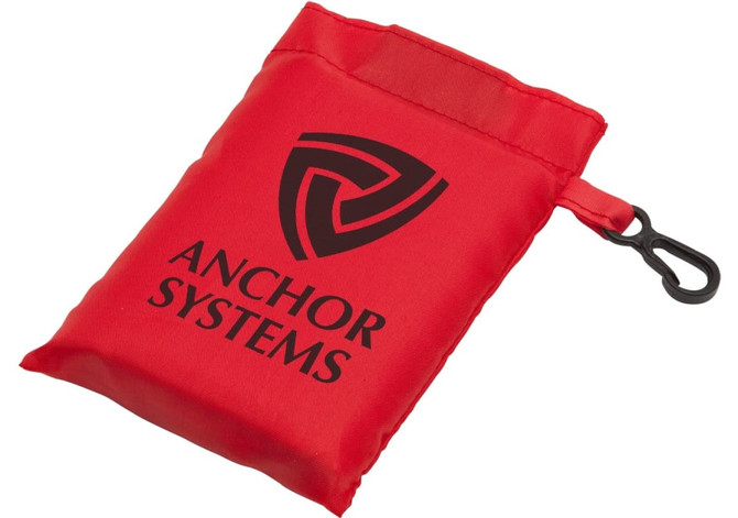 A red pouch with a logo, featuring a clip for easy attachment, ideal for storing reusable grocery bags.
