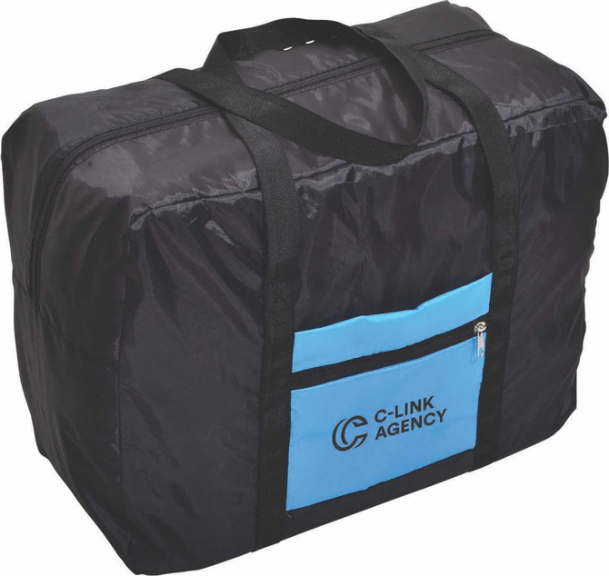 A black wheeled bag with a blue zip pocket and handles, featuring a logo on the front.