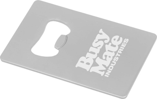 A drink bottle opener in a silver, rectangular design featuring a logo.