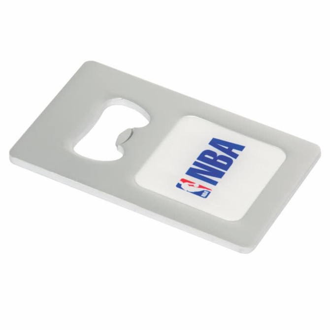 A drink bottle opener featuring a grey rectangular design, with a circular cutout and a logo on a white background.