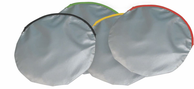 Three round sunshades in grey, with accents of black, green, yellow, and red, featuring a logo.