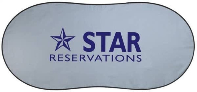 A light blue auto sunshade with a black border and a logo featuring the word "STAR RESERVATIONS".