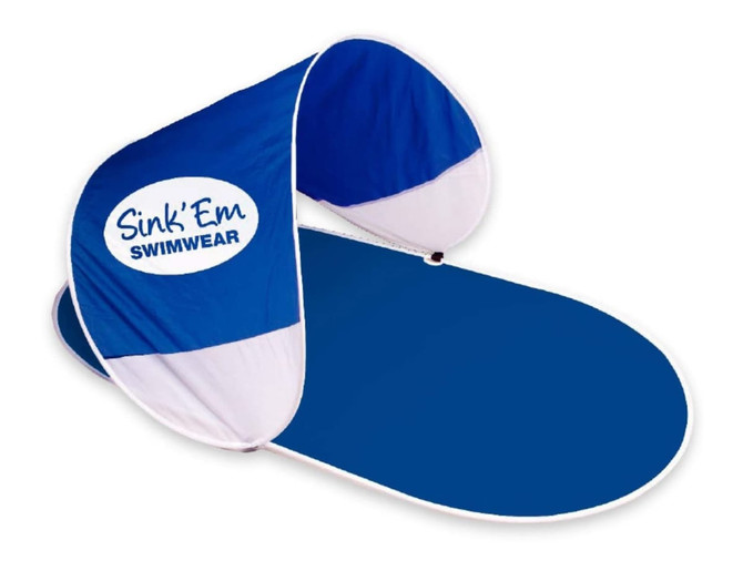A blue sunshade with white accents, featuring a logo, suitable for leisure outdoors.