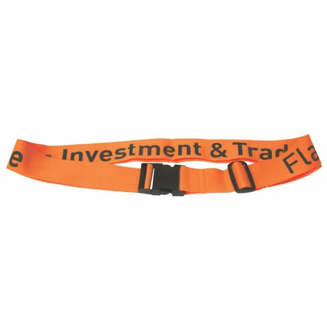 An orange luggage strap with a buckle, featuring black text and a logo.