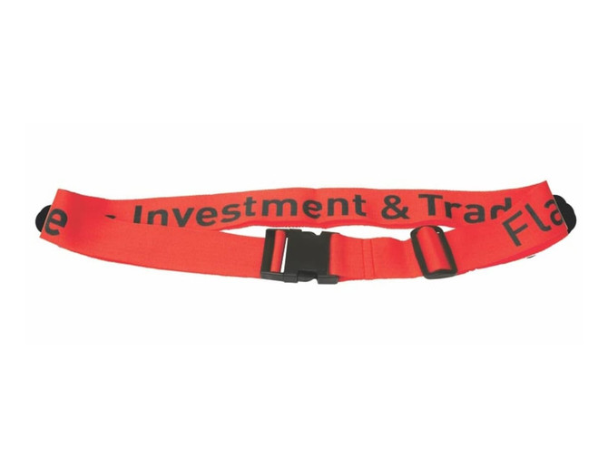 A bright red luggage strap featuring adjustable buckles and a logo, designed for securing bags.