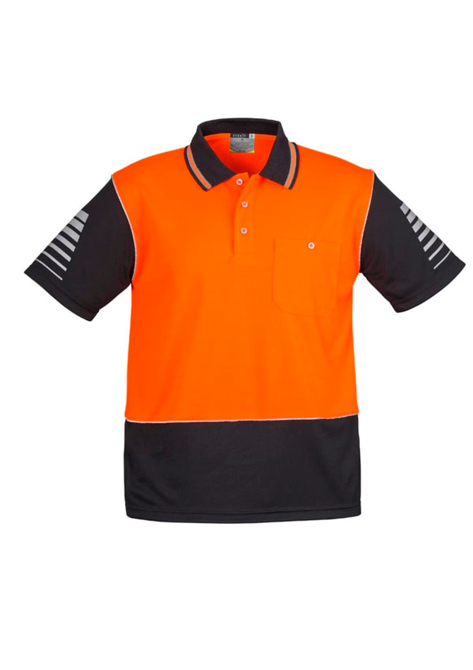 A men's short sleeve polo in hi-vis orange and black, featuring a pocket and reflective stripes, with a logo.