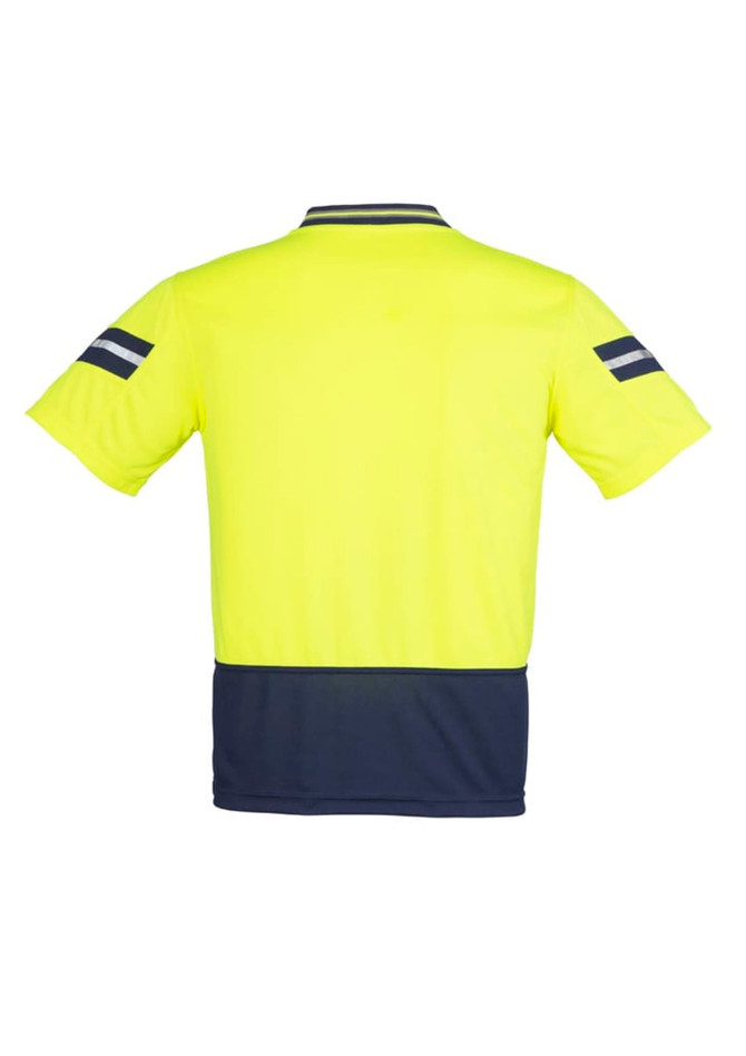 A high-visibility short sleeve polo shirt in bright yellow with navy accents and striped detailing on the sleeves.