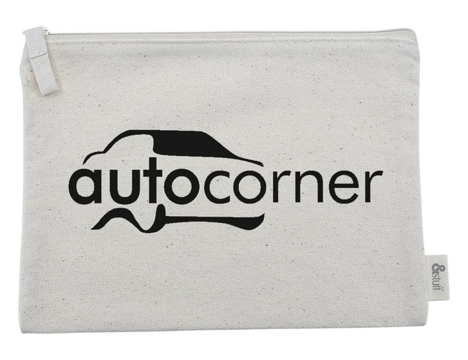 A cream-coloured conference bag with a zip closure and a logo printed on the front.