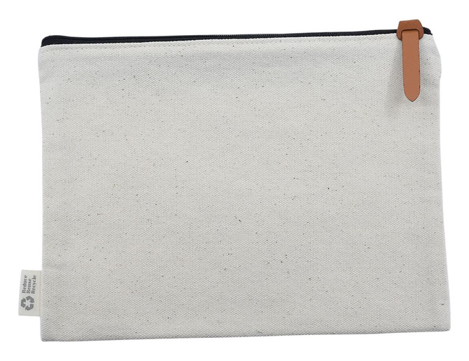 A cream-coloured calico conference bag with a zip closure and a brown leather pull tab, featuring a logo.