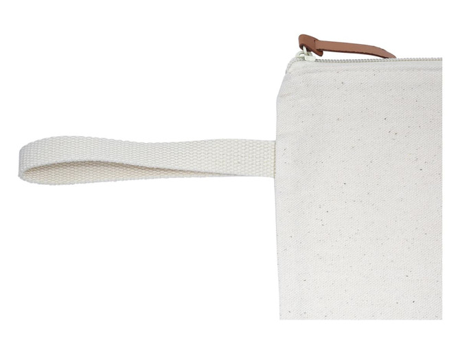 A cream-coloured conference bag with a zipper and a fabric strap, featuring a simple design and a logo.