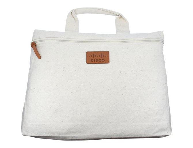 A white calico conference bag with a zipper and a small logo on the front.