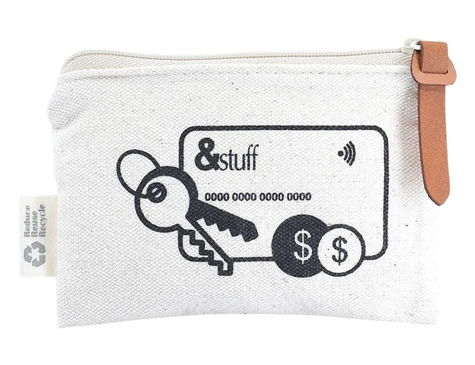 A cream-coloured pouch featuring a key and card graphic, with a leather zipper pull and a logo on the side.