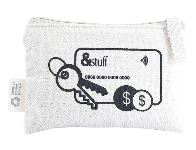 A cream pouch with a zipper featuring illustrations of keys, a card, and coins. It includes a logo.