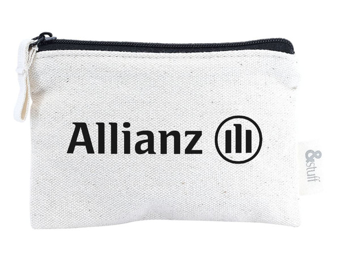 A cream-coloured pouch with a zipper, featuring a logo and designed for cards and keys.