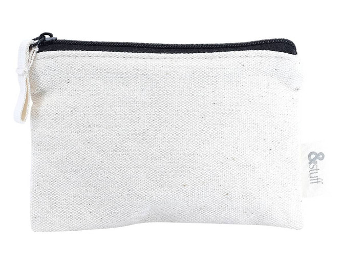 A white canvas pouch with a black zipper, featuring a small branding label on the side.