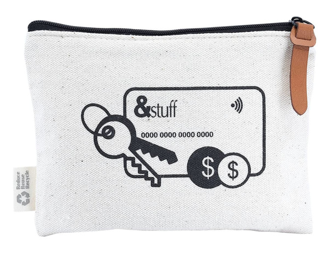 A cream-coloured pouch with a zipper, featuring a graphic of keys and a card, complete with a logo.